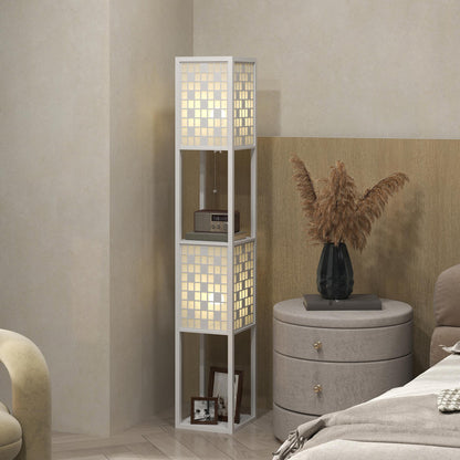 HOMCOM Stehlampe, Gittermuster, 2-Ebenen-Regale, für verschiedene Glühbirnen, Weiß
