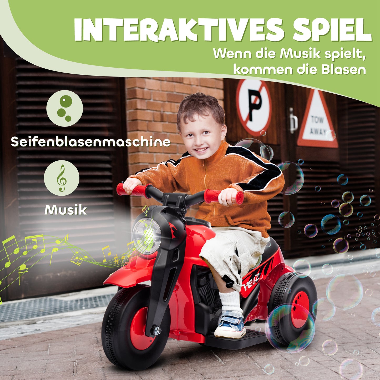 AIYAPLAY Kinder Electric Motorrad, 6V Kindermotorrad mit Musik, Blasen 2,5-3 km/h, for 2-5 Jahre Kinder