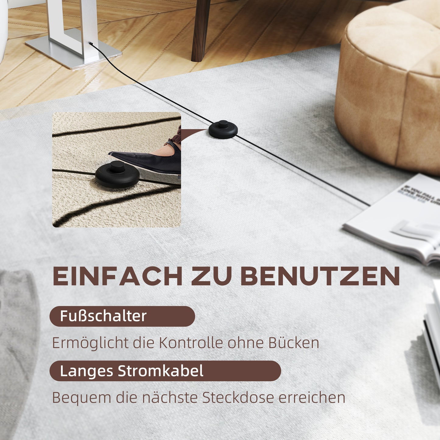 HOMCOM Moderne Stehlampe, 3 Modi, Fußschalter, verstellbare Helligkeit, Leinenoptik, Weiß