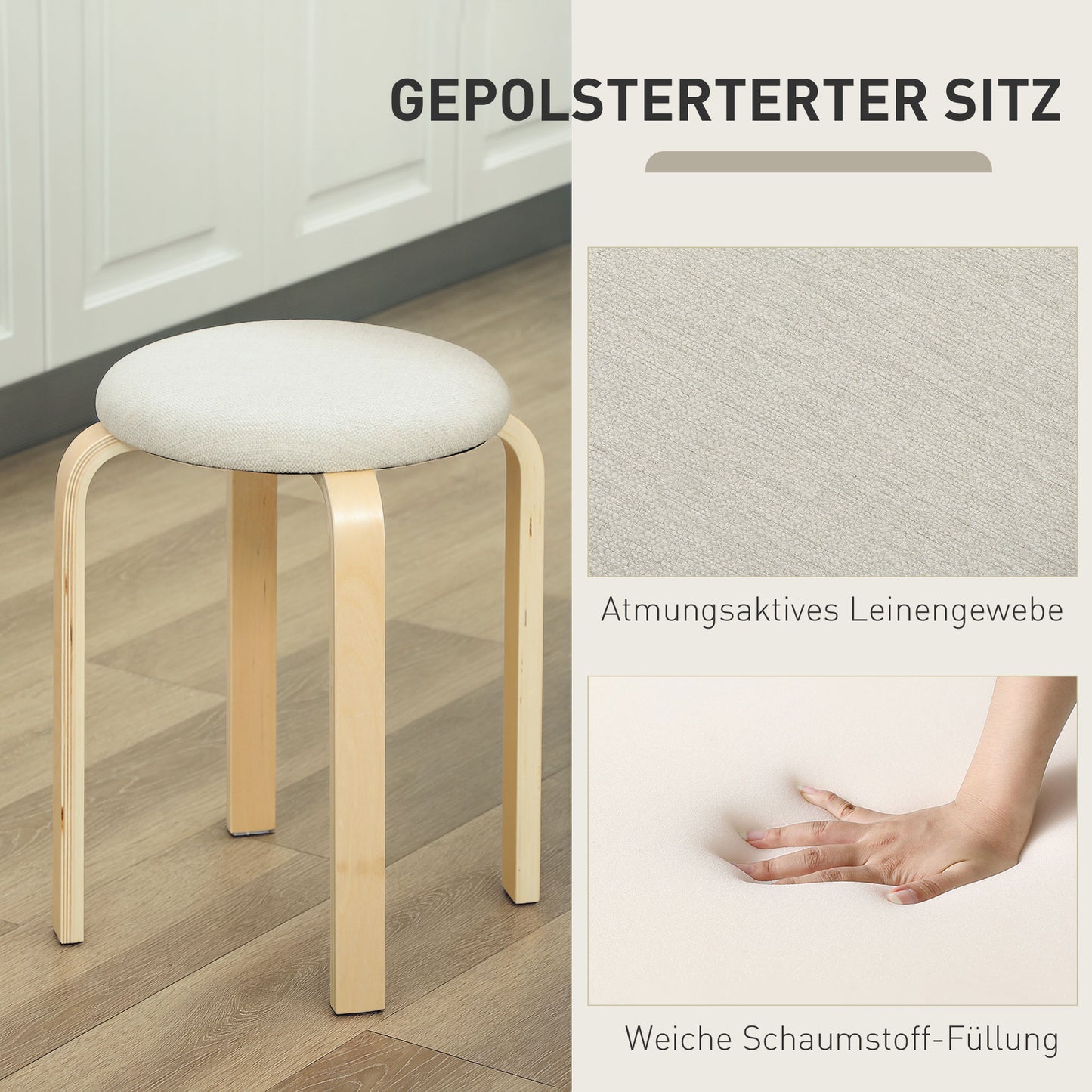 HOMCOM Polsterhocker im 4er-Set, stapelbar, lackierte Oberfläche, Holzbeine, Cremeweiß