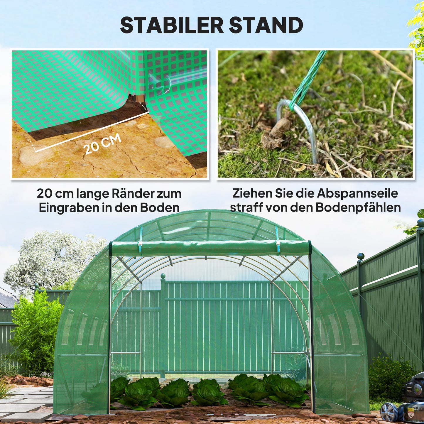 Outsunny Polytunnel Gewächshaus mit Kunststoff-Abdeckung und Stahlrahmen, begehbares Gewächshauszelt mit Rolltüren, Grün