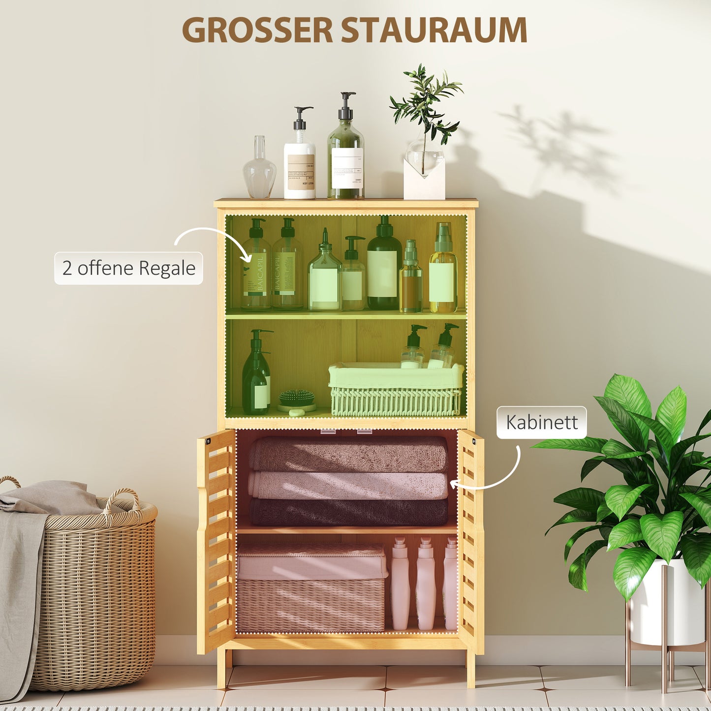 kleankin Badezimmerschrank aus Bambus, mit Lamellentüren, 2 Regale, 1 Schrank, 50 cm x 29 cm x 92 cm, Natur