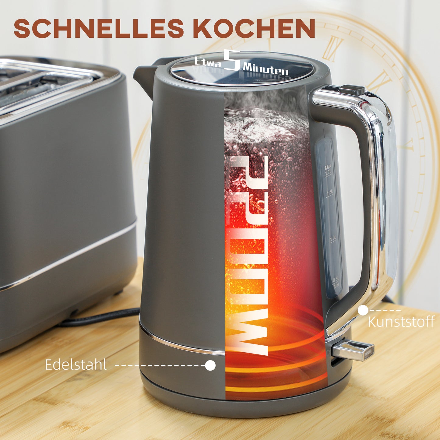 HOMCOM Set aus 1,7 L Wasserkocher und Toaster mit 6 Bräunungsstufen, Grau