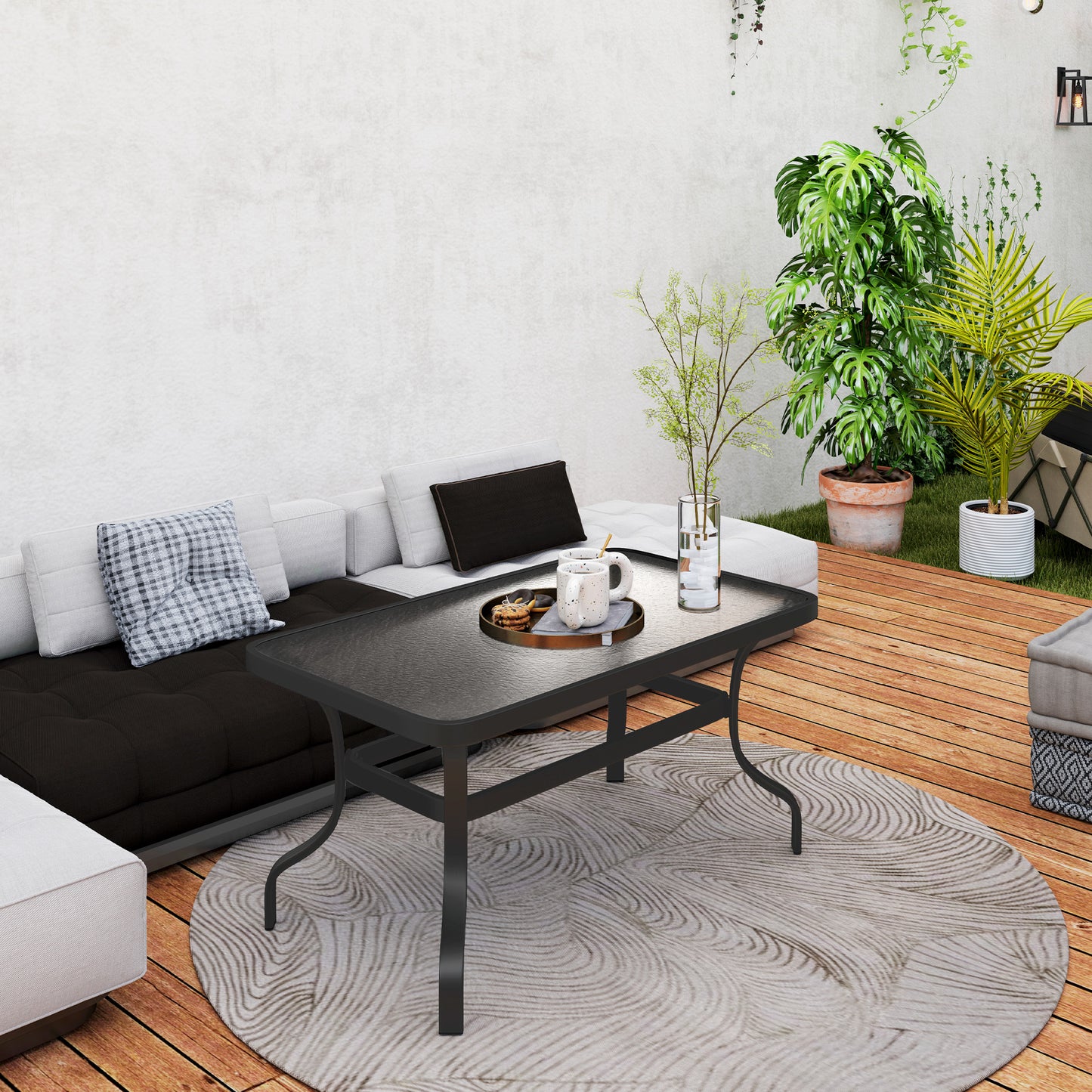 Outsunny Beistelltisch Hartglas Kaffeetisch Couchtisch mit Wellendesign, Abgerundete Ecke Balkontisch 95x55 cm Schwarz