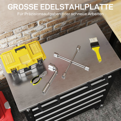 HOMCOM Werkzeugschrank mit 5 Schubladen, rollbare Werkzeugkiste, Werkzeugwagen aus Stahl, Silberton+Schwarz