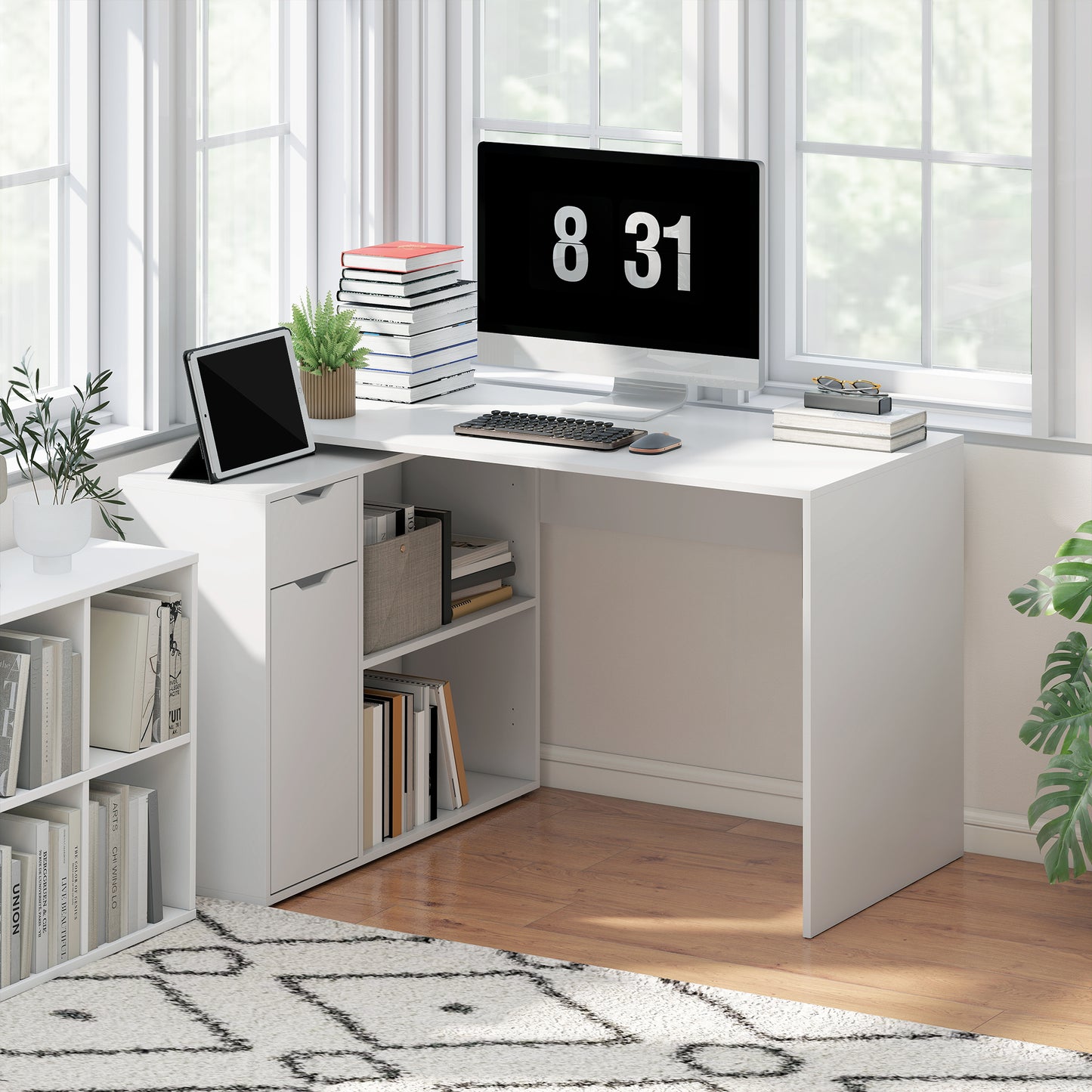 HOMCOM Flexibler Schreibtisch, 2-stufiger Schrank, Schublade, offene Fächer, Holz, Weiß