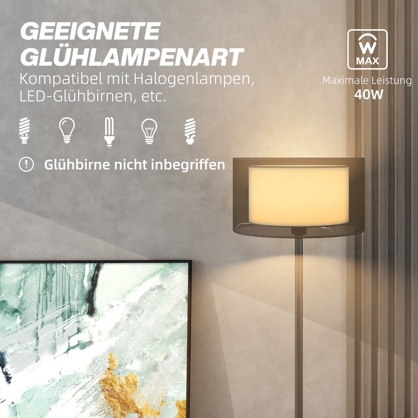 HOMCOM Stehlampe, zweifarbiger Lampenschirm, Fußschalter, Metall, Schwarz