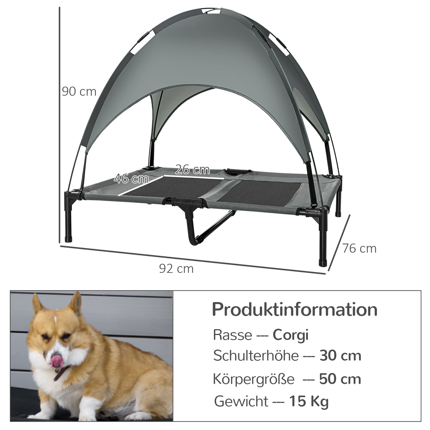 PawHut Erhöhtes Hundebett mit Baldachin, Haustierbett, Hundeliege outdoor mit Dach, Atmungsaktiv, Taftstoff für Camping Grau 92 x 76 x 90 cm