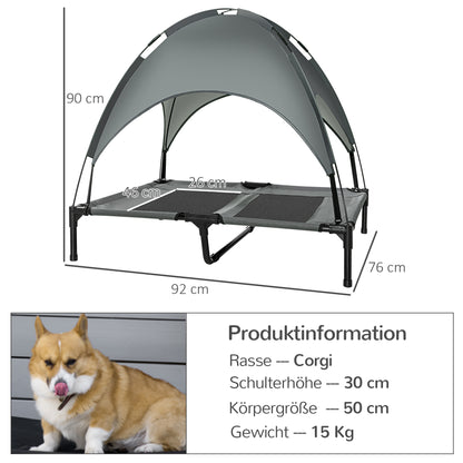 PawHut Erhöhtes Hundebett mit Baldachin, Haustierbett, Hundeliege outdoor mit Dach, Atmungsaktiv, Taftstoff für Camping Grau 92 x 76 x 90 cm