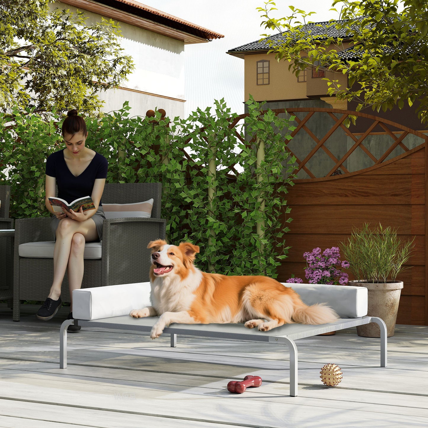 PawHut Hundeliege Outdoor, Erhöhtes Hundebett für Mittelgroße Hunde, mit L-förmige Kissen 110x75x30cm, Hellgrau