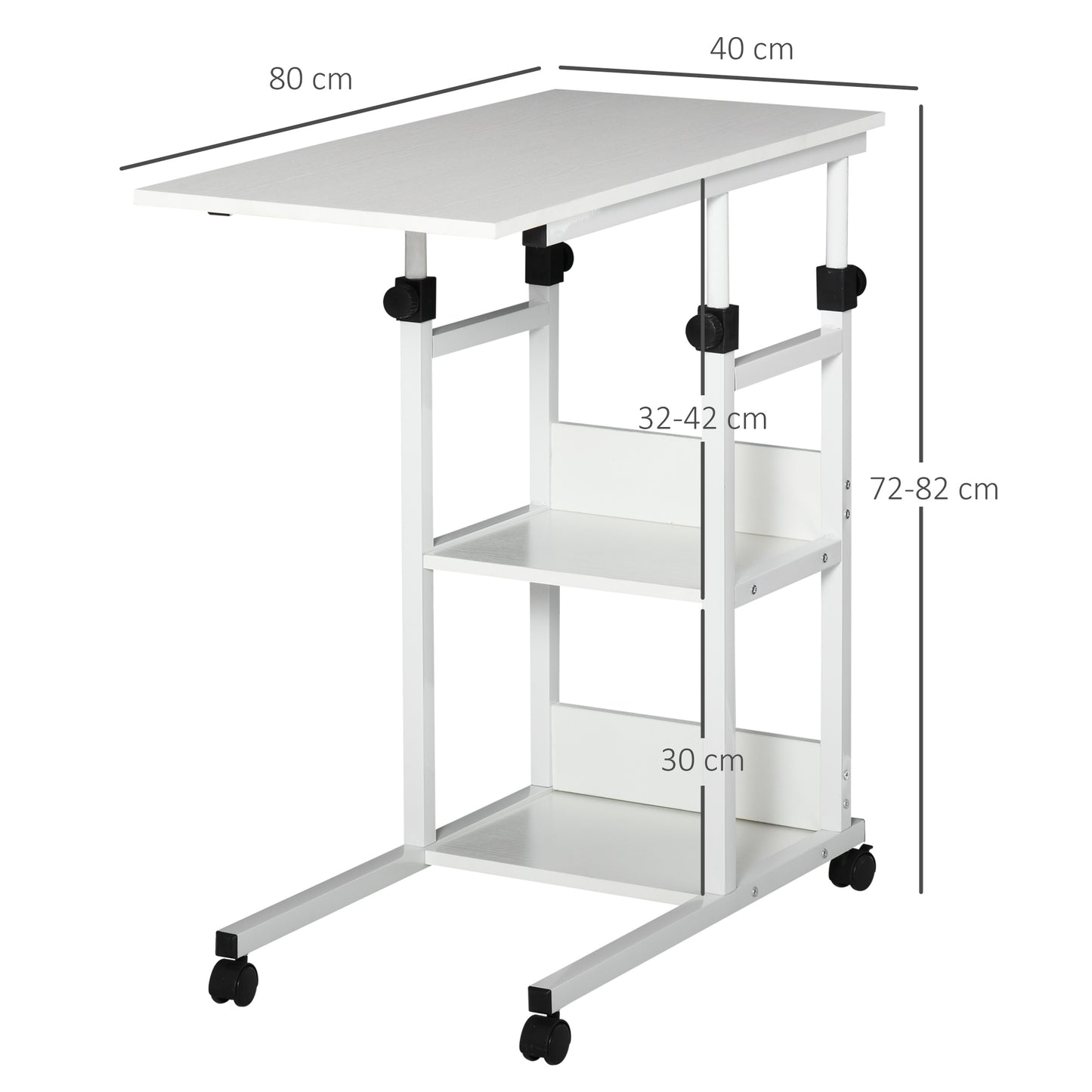 HOMCOM Beistelltisch mit Rollen, höhenverstellbar, kompakt, 2 Ablageböden, Metallrahmen, 80x40x72-82 cm, Weiß