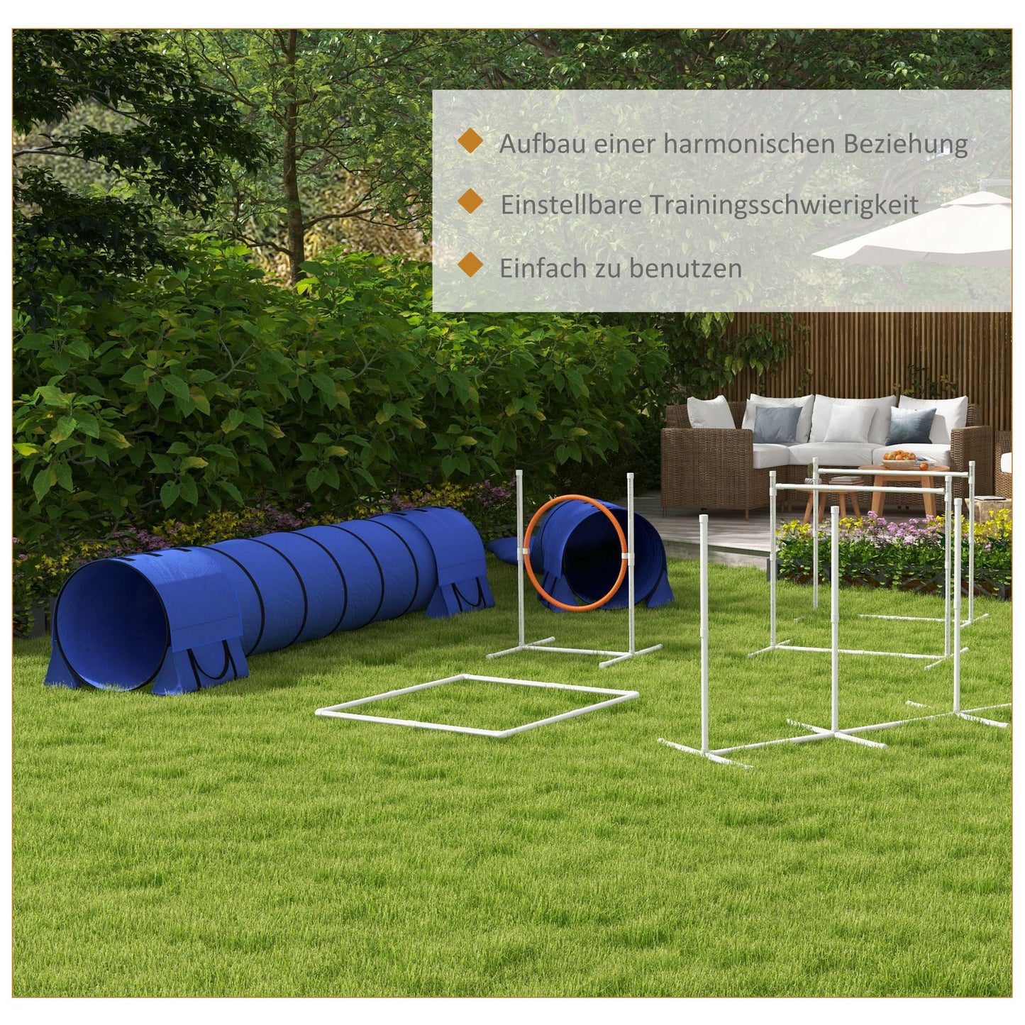 PawHut Hunde-Agiliy-Set Hundeparcours, 1 Reifen, 2 Tunnel 2 Hürden, 321 cm x 63c m x 93 cm, Blau + Rot+ Weiß