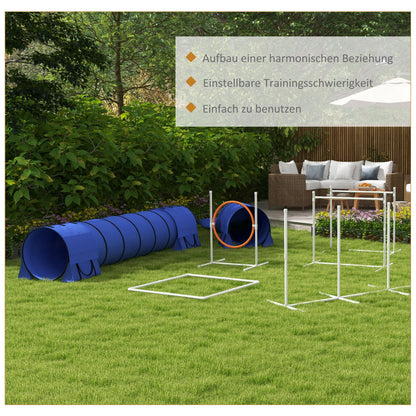 PawHut Hunde-Agiliy-Set Hundeparcours, 1 Reifen, 2 Tunnel 2 Hürden, 321 cm x 63c m x 93 cm, Blau + Rot+ Weiß