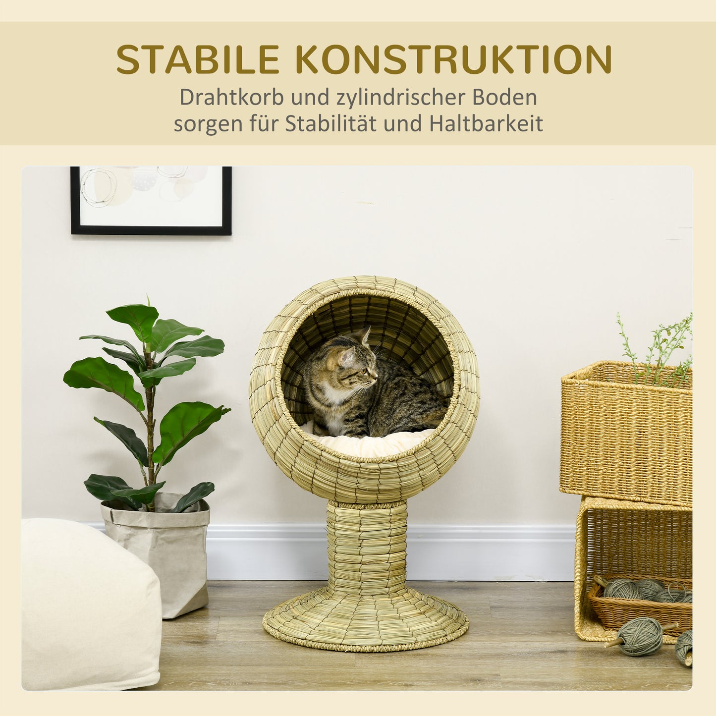 PawHut Katzenhöhle aus Seegras, 2-teilig, flexibel positionierbar, 41 cm x 41 cm x 71,5 cm, Natur
