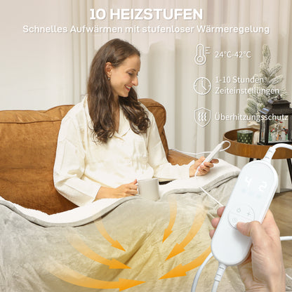 HOMCOM Heizdecke 180 x 130 cm Elektrische Wärmedecke mit 10 Heizstufen, 10 Stunden Timer Überhitzungsschutz LED Anzeige