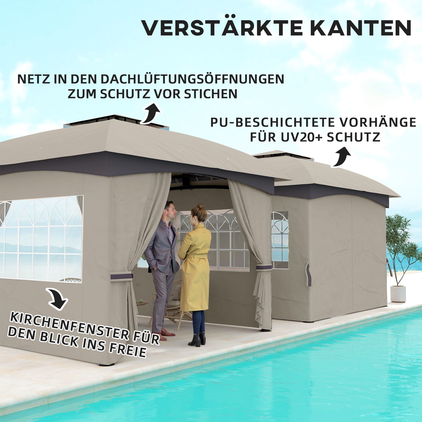 Outsunny 3,4 x 3,4 m Gartenpavillon, Bierzelt mit Lüftungsdach, Bogenfenstern, Stahlgestell, Hellgrau