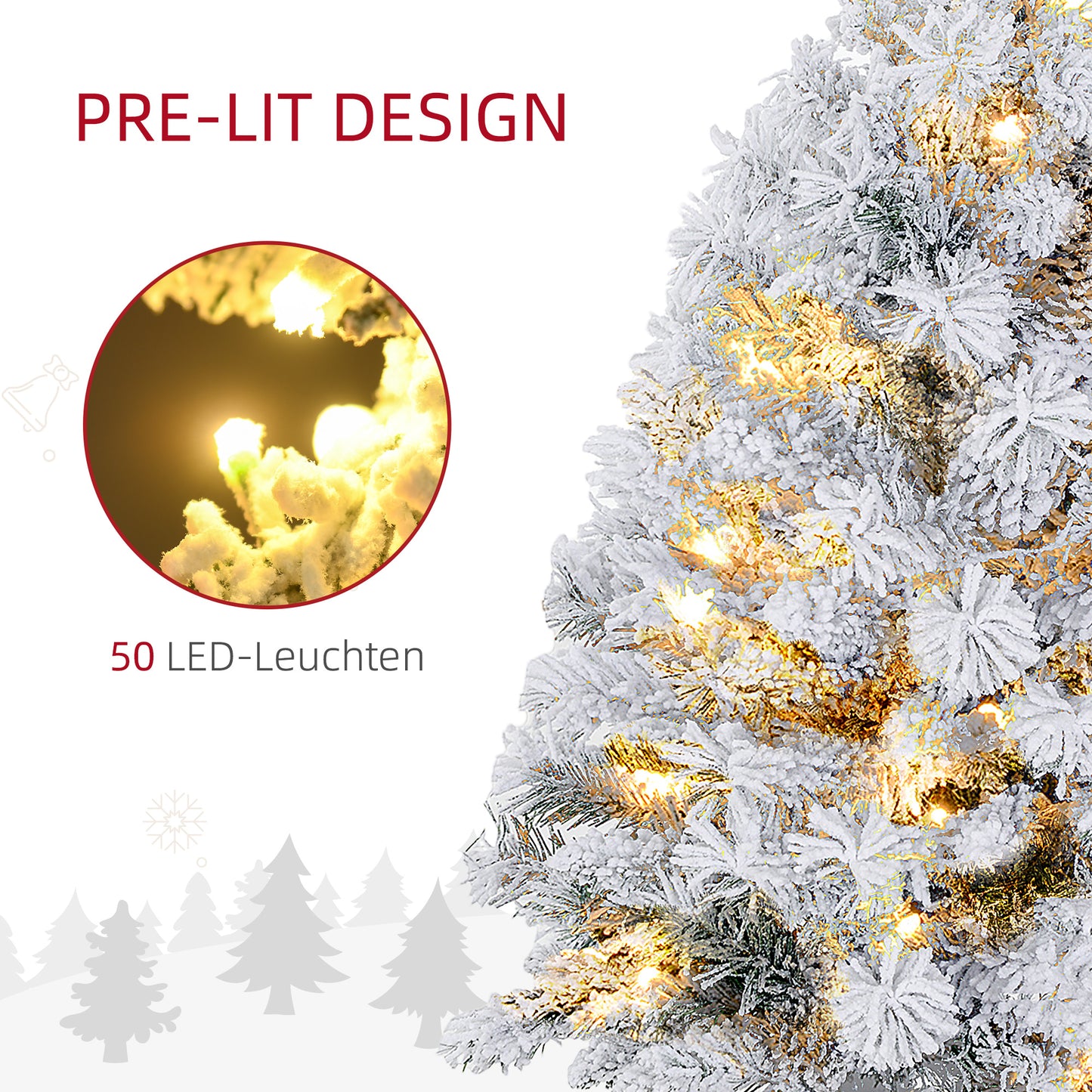 HOMCOM Weihnachtsbaum 92 سم، LED-Lichter، Schneezweige، Tannenzapfen، flammenhemmend، Betonfuß