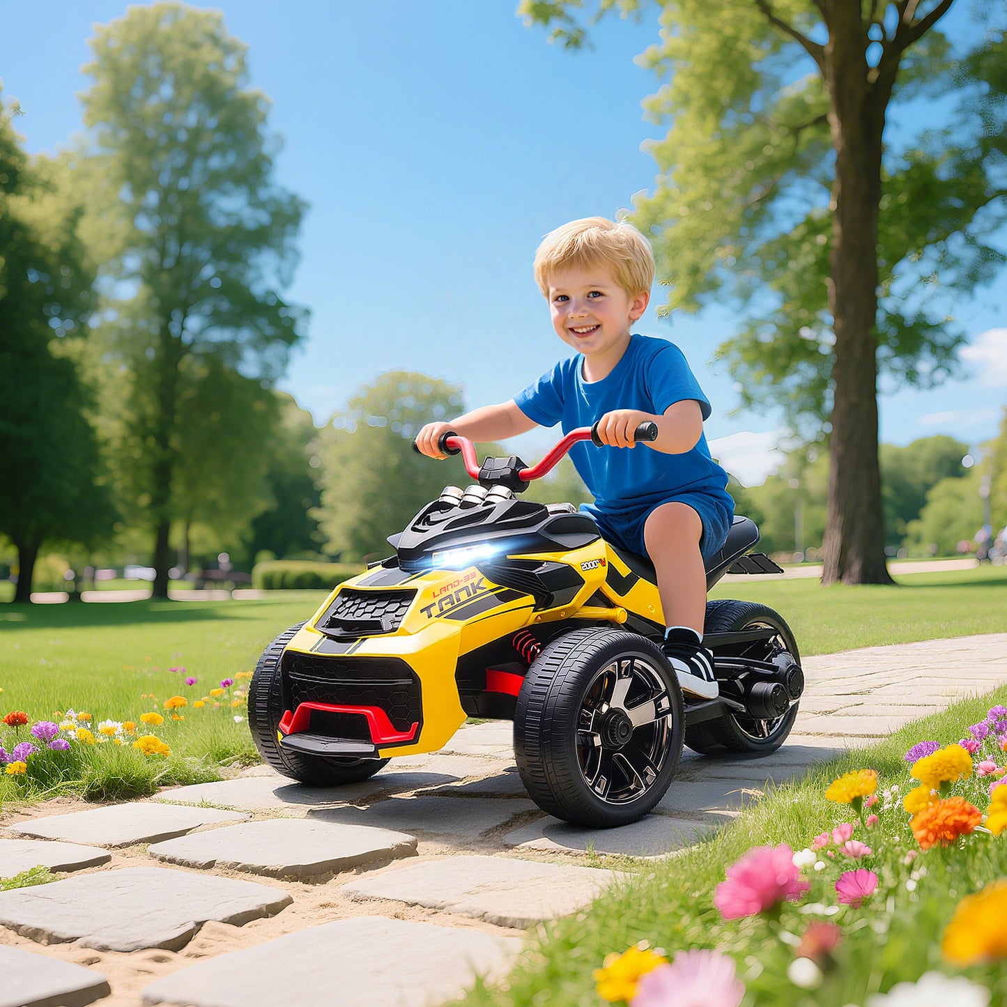 AIYAPLAY Elektrisches Kinderfahrzeug, Reverse-Dreirad-Design, Batteriebetrieb, MP3-Player, Hupe, 2 Geschwindigkeiten, LED-Lichter, 3-8 Jahre, Gelb