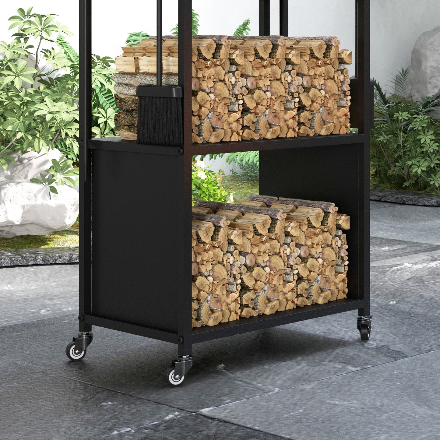 Outsunny 4-Ebenen-Feuerholzregal mit Rädern und 4 Werkzeugen، Brennholzregal aus Metall für den Innen- und Außenbereich، شوارتز