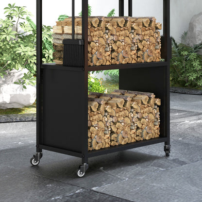 Outsunny 4-Ebenen-Feuerholzregal mit Rädern und 4 Werkzeugen، Brennholzregal aus Metall für den Innen- und Außenbereich، شوارتز
