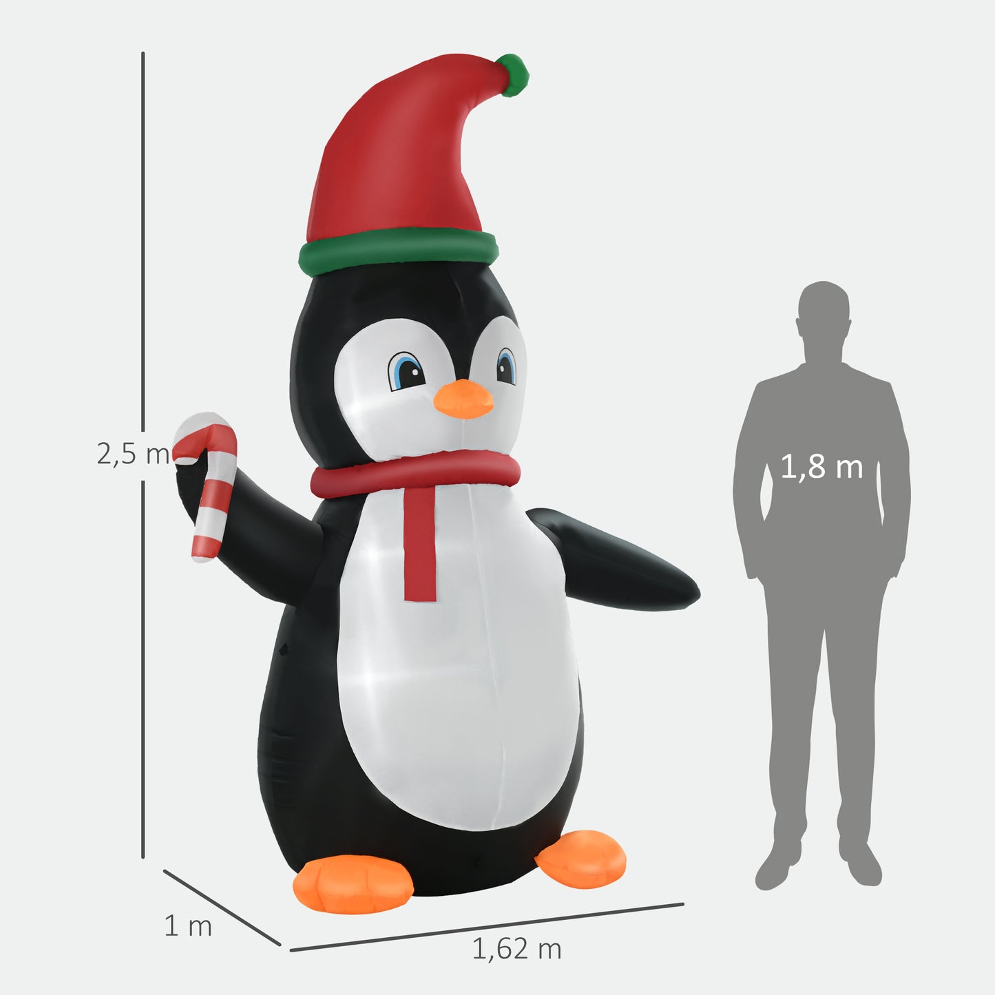 HOMCOM Aufblasbare Weihnachtsdeko, 2,5 m Aufblasbarer Weihnachtspinguin mit 3 LED-Lichtern, 162 x 100 x 250 cm, Mehrfarbig