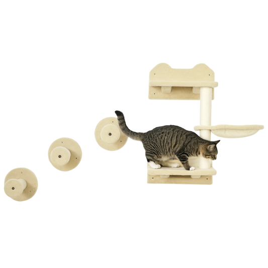 PawHut Kletterstufen, Kletterwand, Katzentreppe, 4-tlg. Set, mit Kratzbaum, Hängematte, beige+cremeweiß, 40 x 28 x 73cm