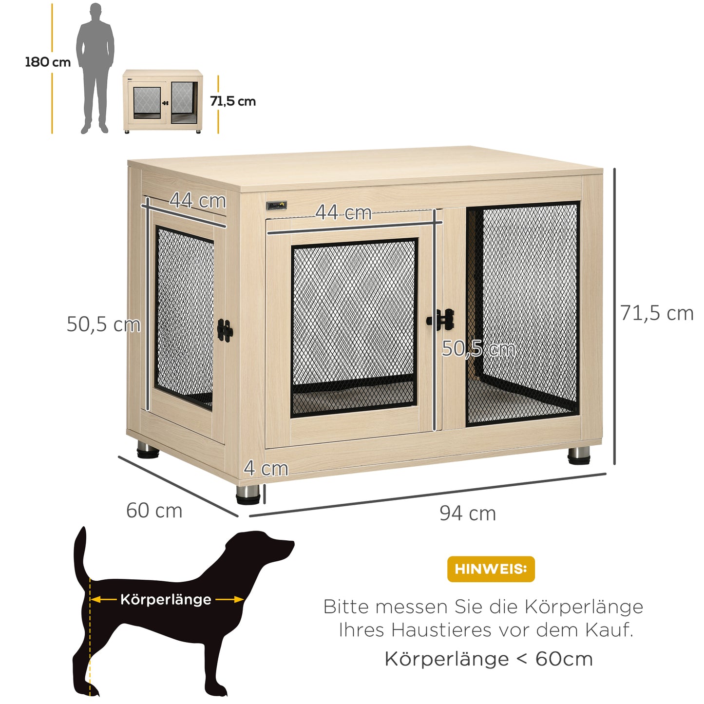 PawHut Hundebox Hundekäfig, Modernes Design, verriegelbar, 2 Türen, 94 cm x 60 cm x 71,5 cm, Natur + Schwarz