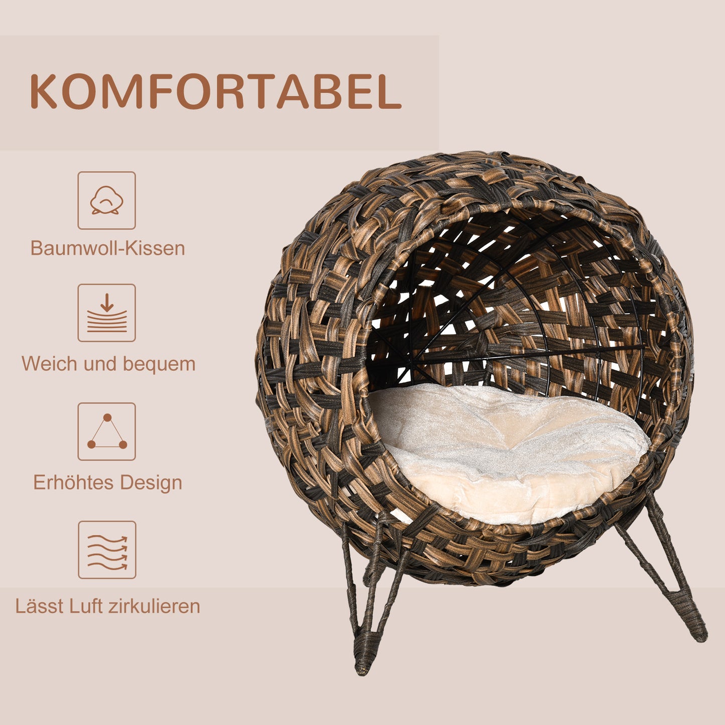 PawHut Katzenhaus aus Rattan mit Kissen Katzenschlafplatz Katzenhöhle mit erhöhten Füßen Braun Ø52 x 58 سم