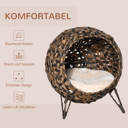 PawHut Katzenhaus aus Rattan mit Kissen Katzenschlafplatz Katzenhöhle mit erhöhten Füßen Braun Ø52 x 58 سم