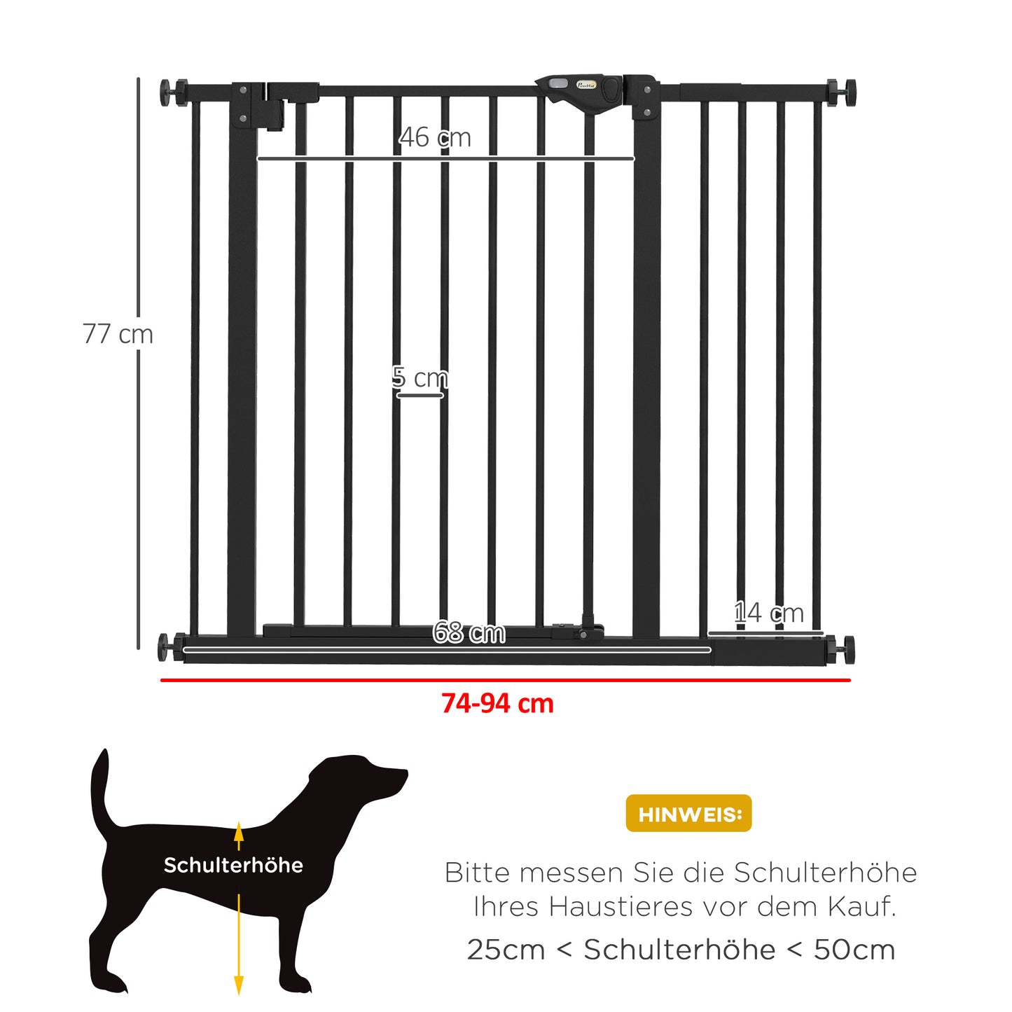 PawHut Türschutzgitter für Hunde, Absperrgitter, Schutzgitter für Haustiere, Metall, Kunststoff, ,74-80/87-94 cm, Schwarz