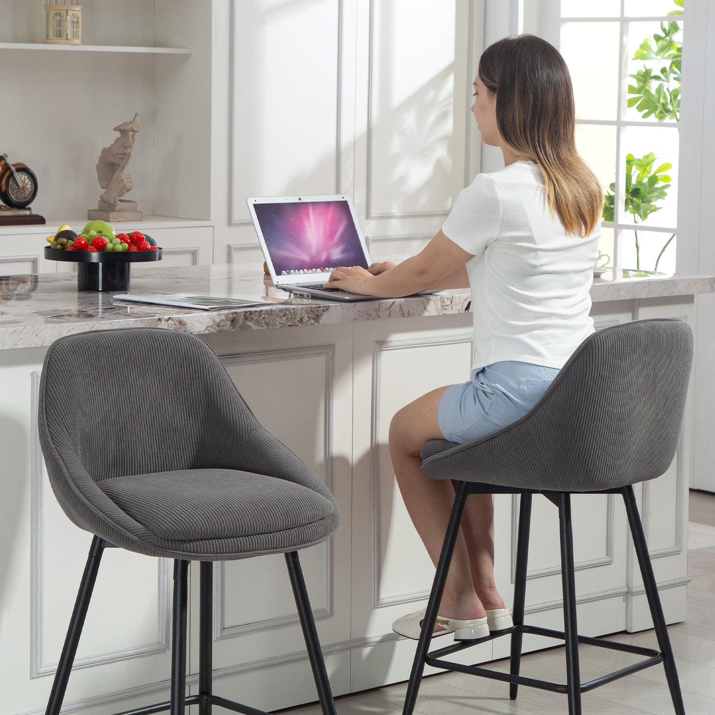 HOMCOM 2er-Set Barstühle mit Cordbezug und Stahlbeinen, Polsterstühle für Kücheninsel, Esszimmer, Grau