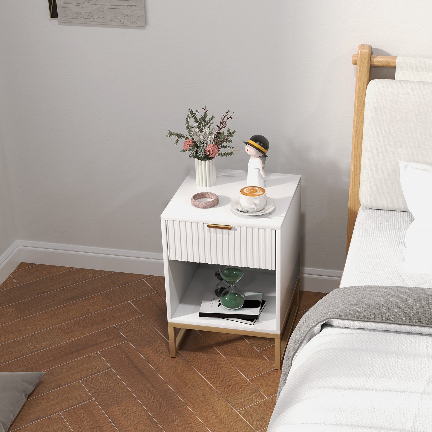 HOMCOM Nachttisch mit Schublade und Regal, Stauraum und Metallbeinen, für Schlafzimmer, Wohnzimmer, Weiß