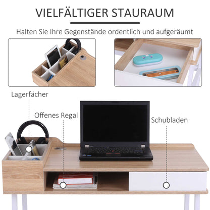 HOMCOM Schreibtisch Computertisch Bürotisch Arbeitstisch PC Tisch vielseitig verwendbar mit sechs Ablagefächern Schublade Breite Tischplatte für Arbeitszimmer Büro und Wohheim Natur 100 x 55 x 81,5 cm