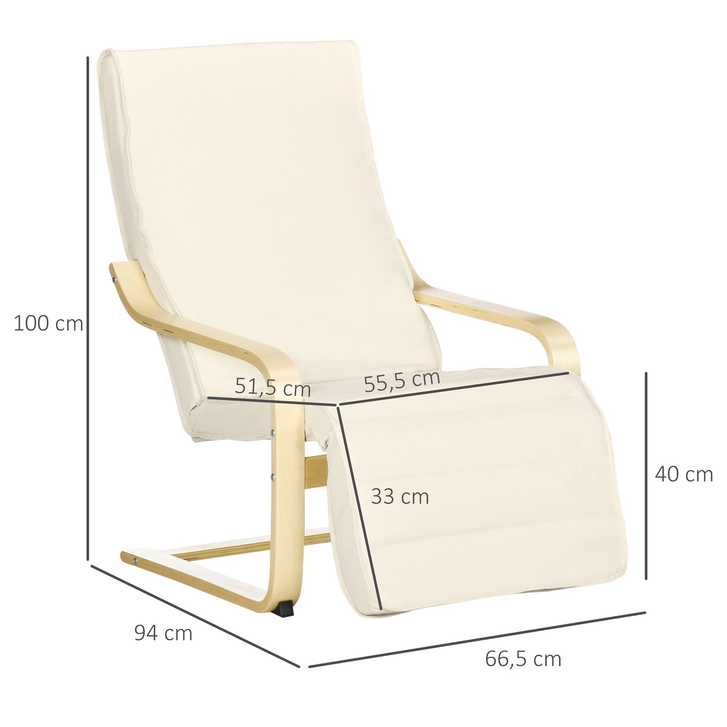 HOMCOM Liegestuhl mit Auflage, 5-stufige Fußstütze, Birkenholz, bis 120 kg, 66,5 x 94 x 100 cm, Cremeweiß
