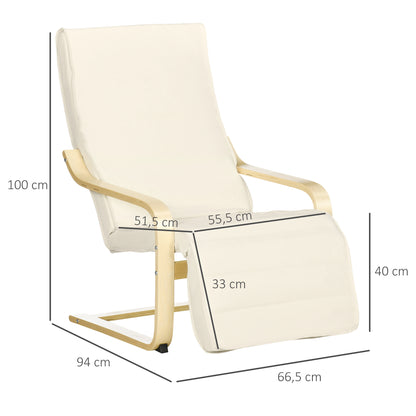 HOMCOM Liegestuhl mit Auflage, 5-stufige Fußstütze, Birkenholz, bis 120 kg, 66,5 x 94 x 100 cm, Cremeweiß