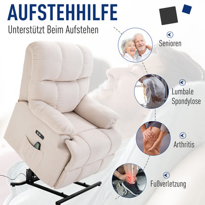 HOMCOM Sessel mit Aufstehhilfe, Massagesessel, Relaxsessel mit USB-Anschluss, Fernsehsessel mit Fernbedienung, Seitentasche, Neigebarer TV-Sessel mit Samtoptik, Beige