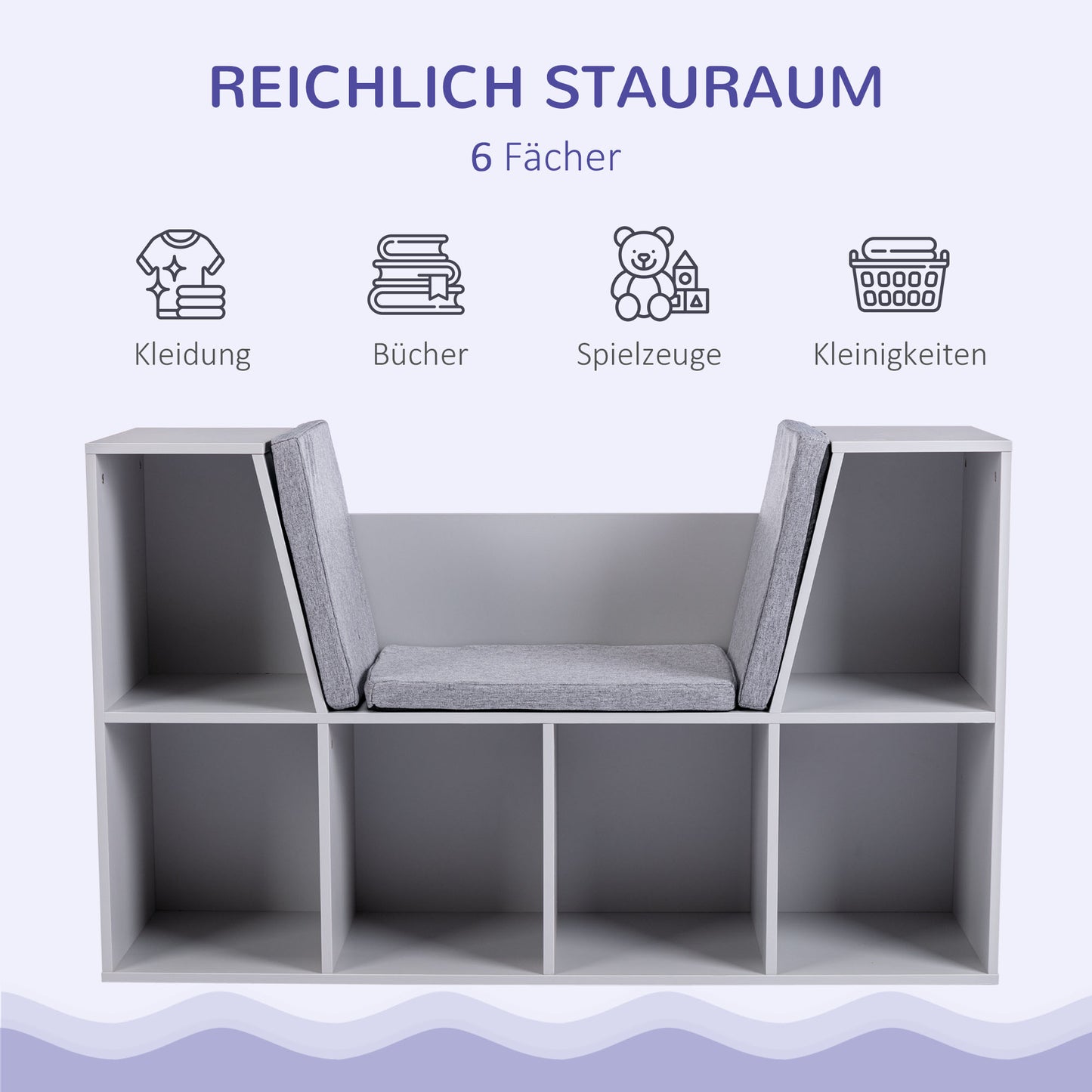 HOMCOM 2-in-1 Kinderregal Regal + Sitzbank inkl. Polster 103 cm × 30 cm × 62 cm Weiß + Grau
