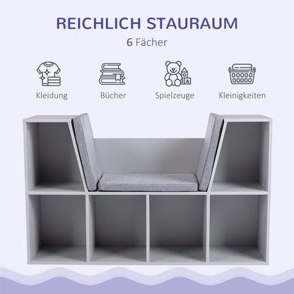 HOMCOM 2-in-1 Kinderregal Regal + Sitzbank inkl. Polster 103 cm × 30 cm × 62 cm Weiß + Grau