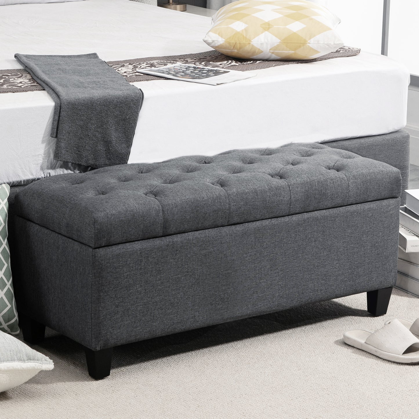 HOMCOM Sitzbank mit Stauraum Polsterbank mit Leinenoptik, Sitztruhe mit Holzbeine, Truhenbank für Wohnzimmer Schlafzimmer Flur 100 x 40 x 44 cm Dunkelgrau