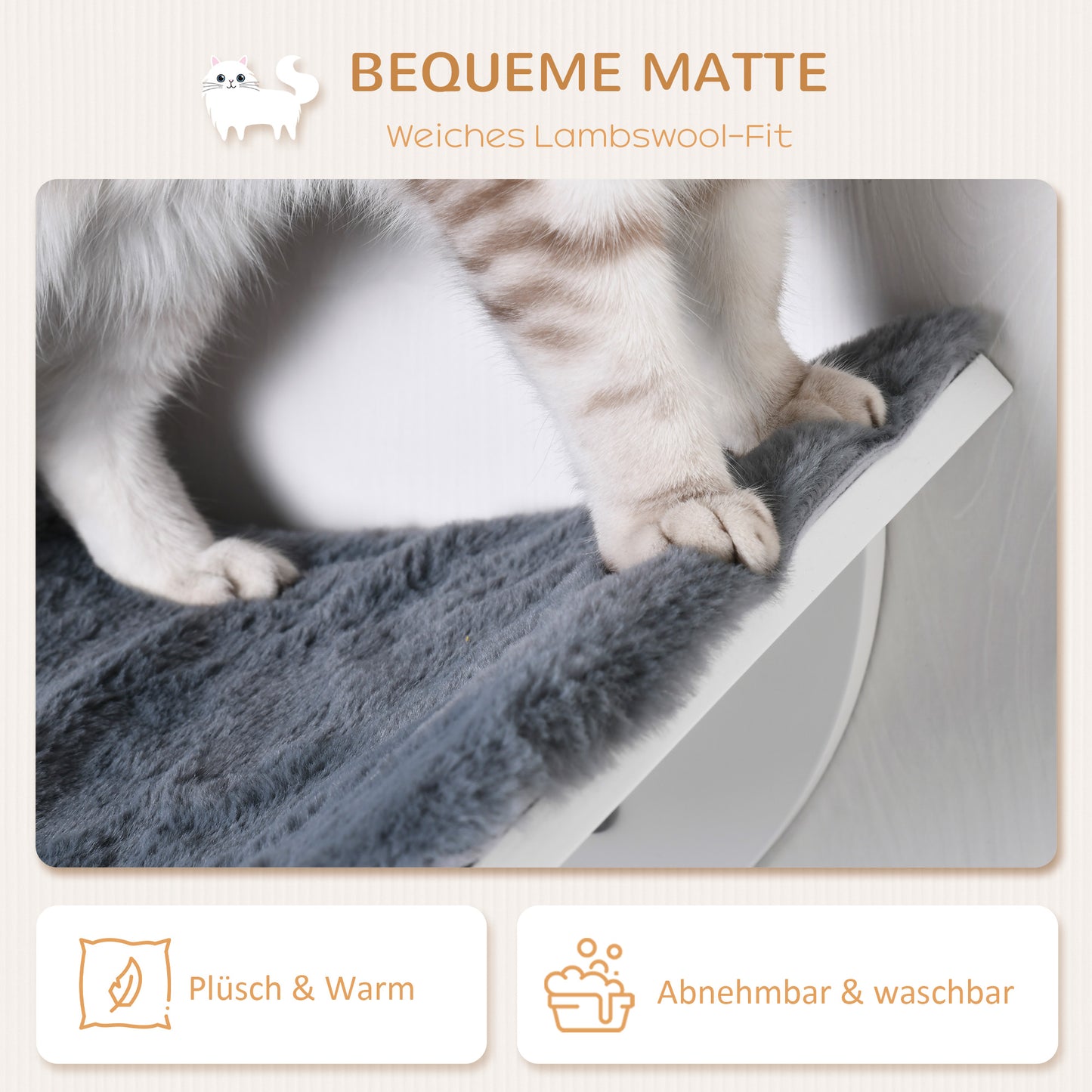 PawHut Katzenliege Katzen Wandliege Katzenbett Katzenregal Wandmontage Plüschauflage Grau 41 x 28 x 21 cm