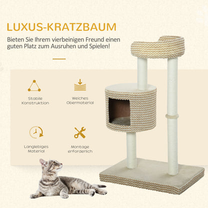 PawHut Katzenbaum Kratzbaum Kletterbaum Katzenkratzbaum, kuschelige Aussichtsplattformen, beige und kaffee, Spanplatte, Plüsch, Jute, 61x41x96 cm