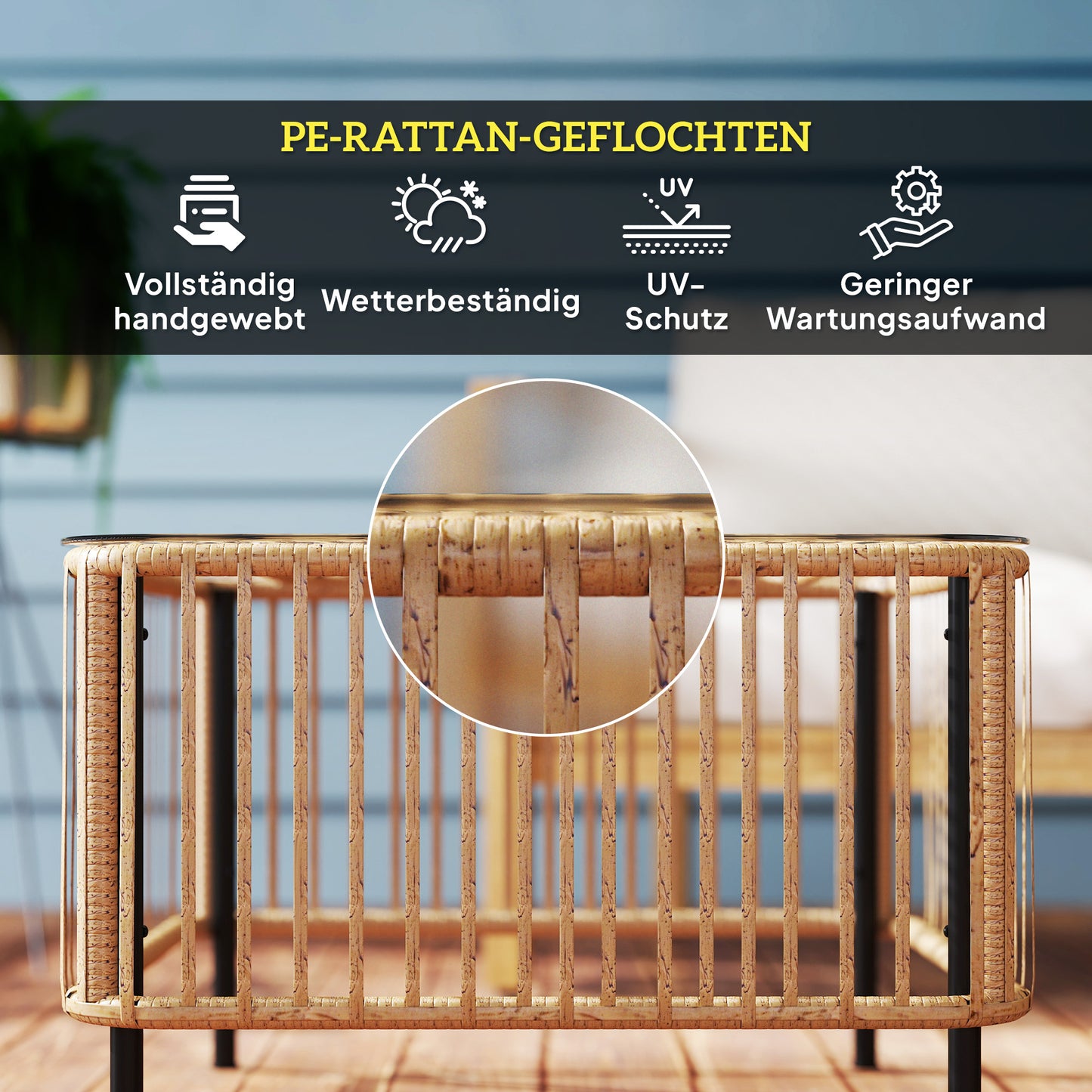 Outsunny Polyrattan Gartentisch, 65 x 65 x 43 cm, wetterfest Beistelltisch quadrarisch mit Glasplatte Naturholz