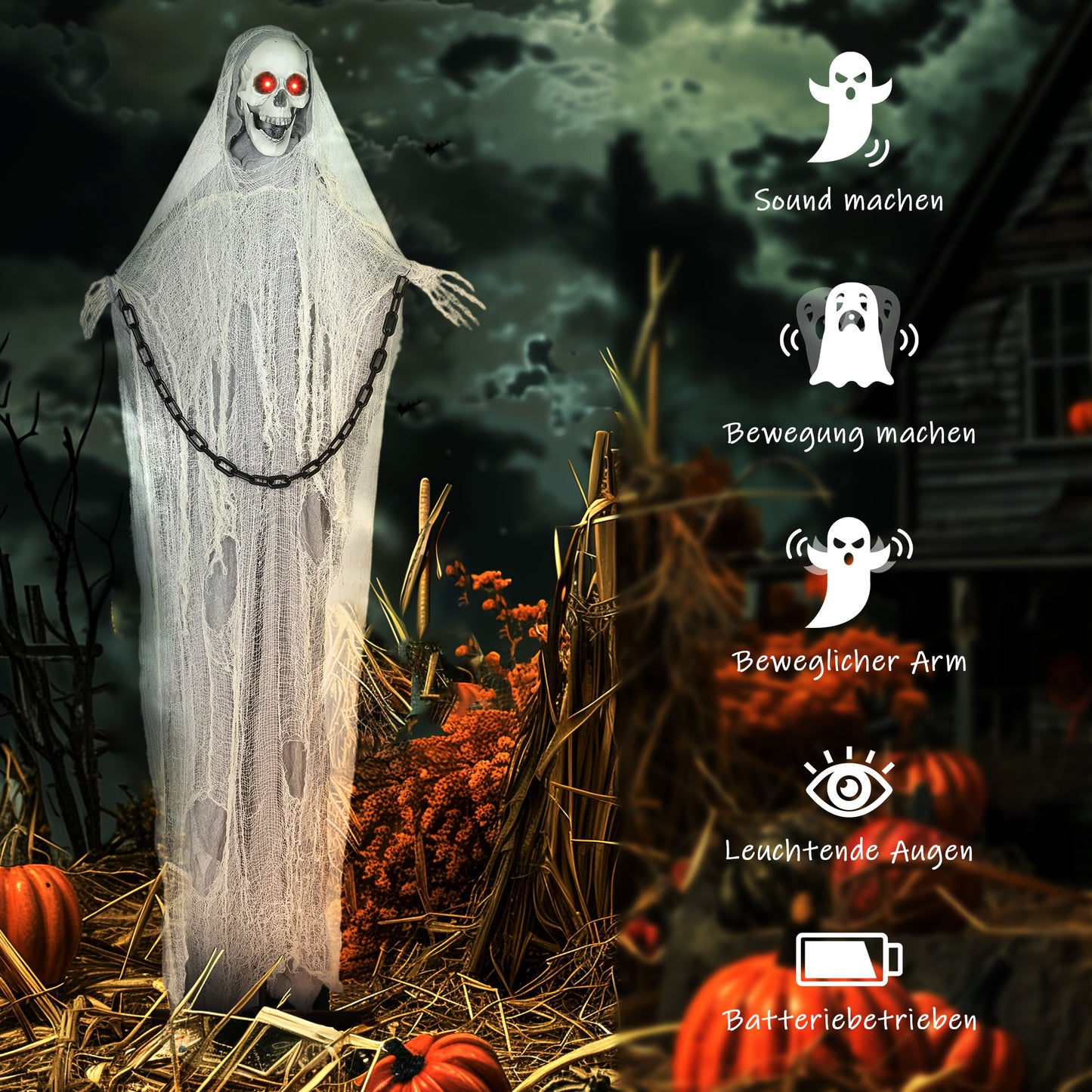 Outsunny Halloween Deko Sensenmann Outdoor 183cm Animiert Sprechende Halloween Sensenmann mit Leuchtenden Augen gruseligem Sound Halloweendeko Halloween-Dekoration für Tür Garten Party Hof Spukhaus