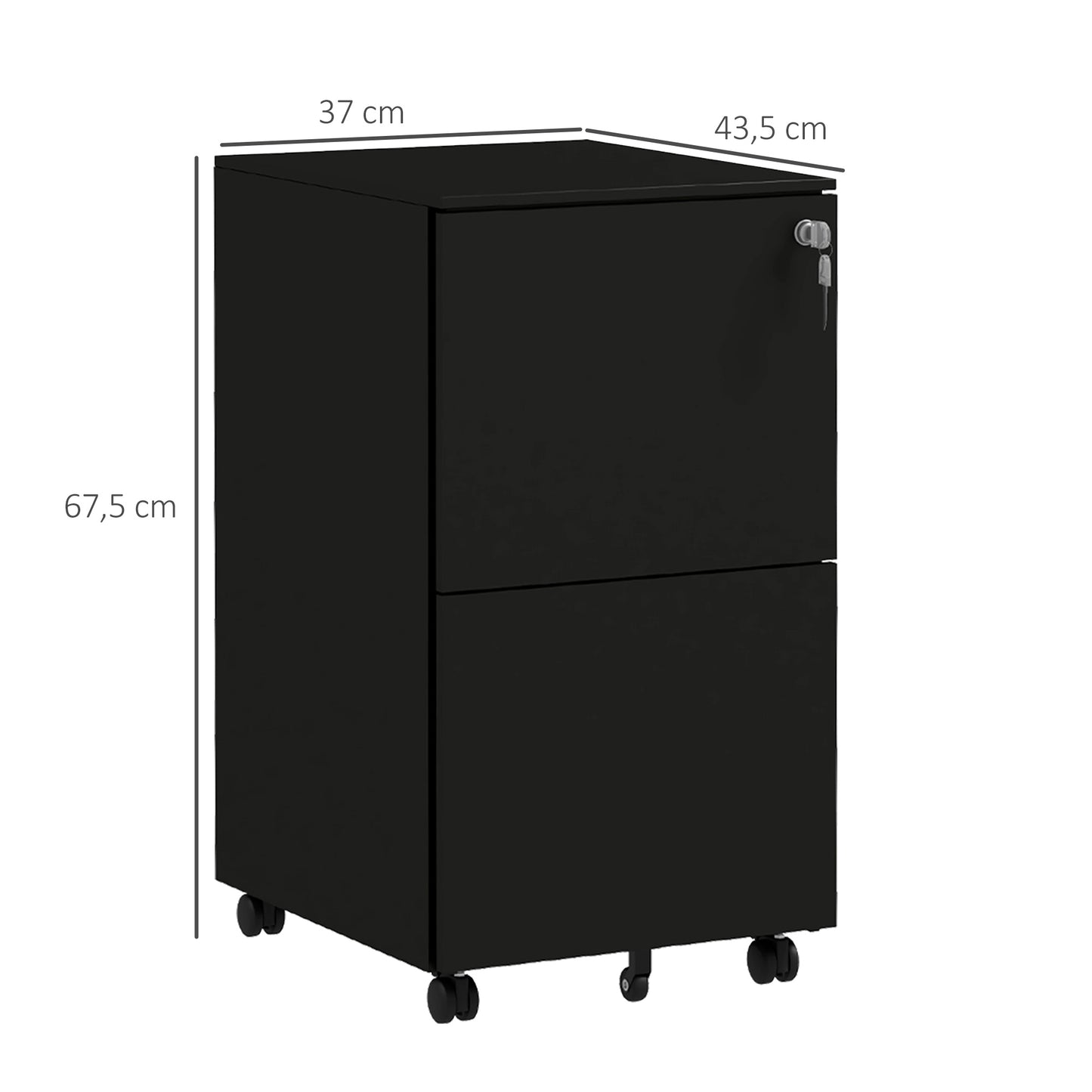 Vinsetto Rollcontainer Aktenschrank, 2 Schubladen, ab­schließ­bar, rollbar, 37 cm x 43,5 cm x 67,5 cm, Schwarz