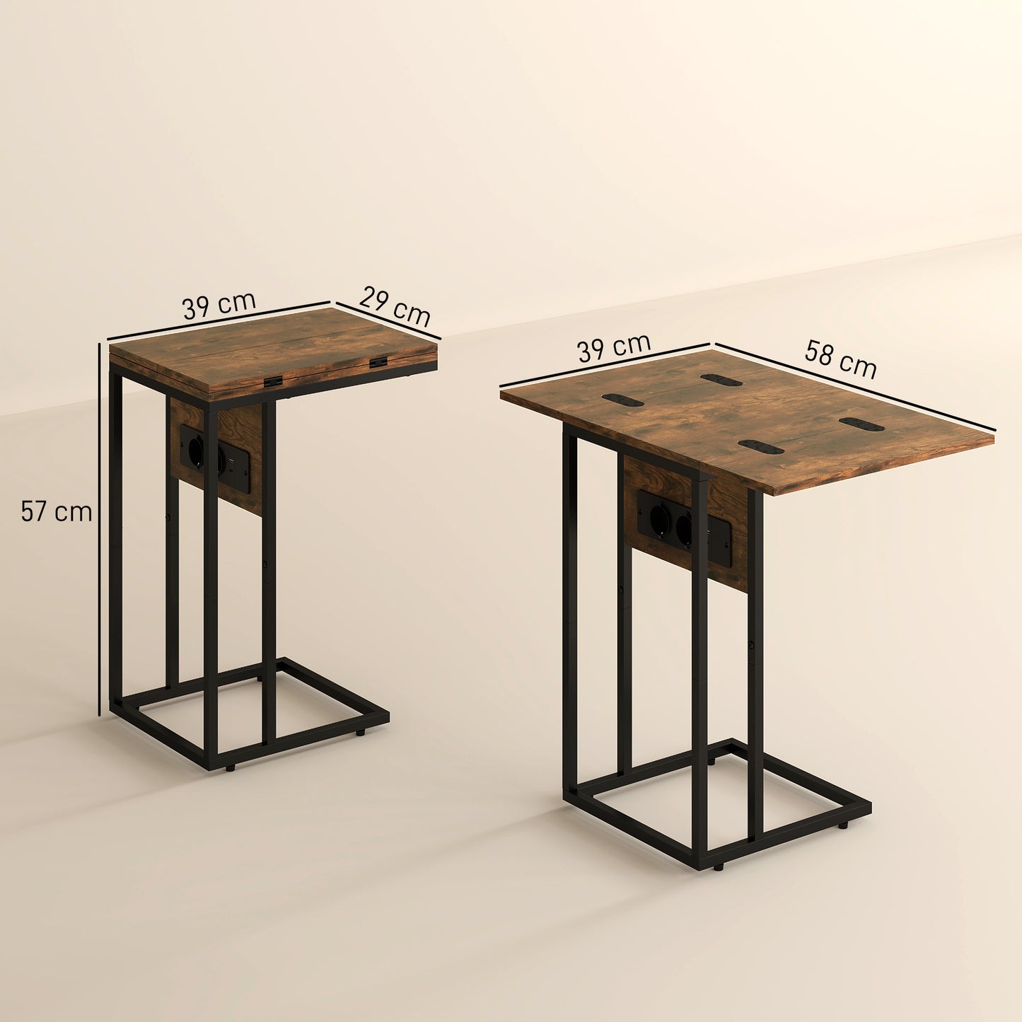 HOMCOM Klappbarer Beistelltisch, Ladestation mit USB-Ports, Metall, 39 x 29 x 57 cm, Braun