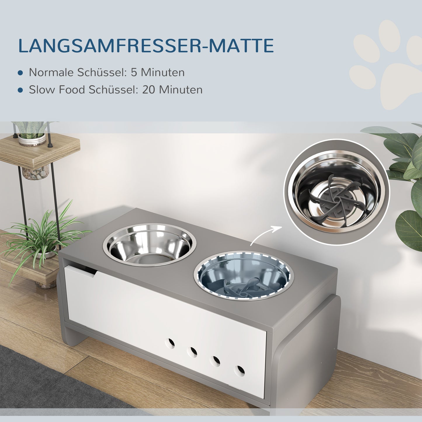 PawHut Erhöhte Fütterungsstation für Hunde, mit Stauraum und Anti-Schling-Matte, 2 x 2000 ml Edelstahlnapf, Grau