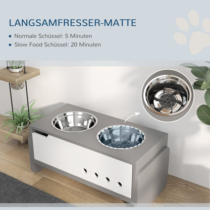 PawHut Erhöhte Fütterungsstation für Hunde, mit Stauraum und Anti-Schling-Matte, 2 x 2000 ml Edelstahlnapf, Grau