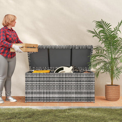 Outsunny Rattan Auflagenbox 380L wetterfest Kissenbox mit Deckel Stauraum UV-beständig 130 x 61 x 65 cm Dunkelgrau