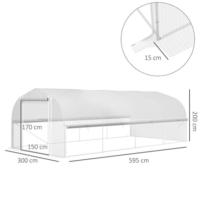 Outsunny 6x3x2 m Gewächshaus, begehbar, 8 Fenster, Tür, Fliegennetze, Metallgestell, Weiß