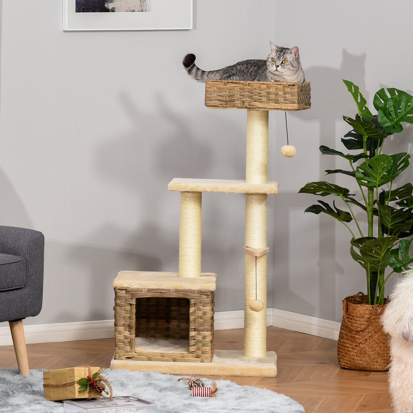 PawHut Rattan Katzenbaum Kratzbaum Kätzchen Möbel mit Katzenhöhle Ballspielzeug Sisal weiche Plüsch PE Höhe 108 cm Braun+Beige